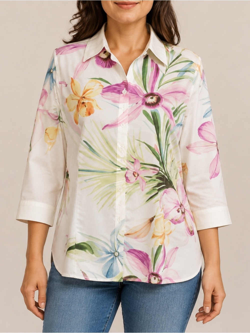 Chico’s Size 0 Watercolor Floral Button-Down Shirt 3/4 Sleeve